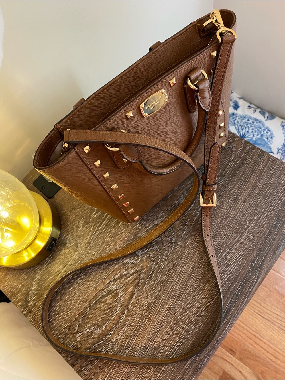 Michael Kors Brown Studded Saffiano Leather Mini Satchel with Gold Hardware! - Picture 4 of 7